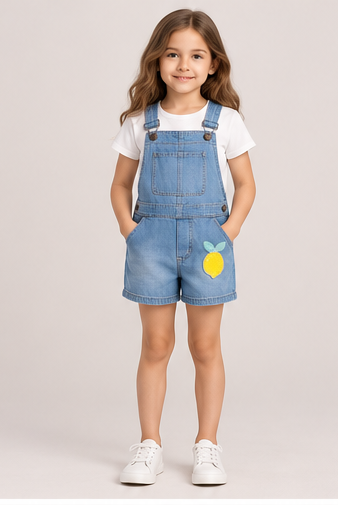 front view of girls gjs0258 denim short overalls on girl model