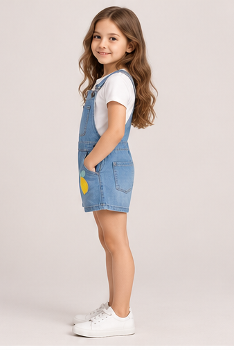left view of girls gjs0258 denim short overalls on girl model
