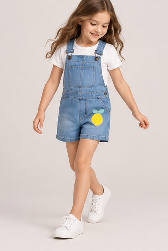 lifestyle view of girls gjs0258 denim short overalls on girl model