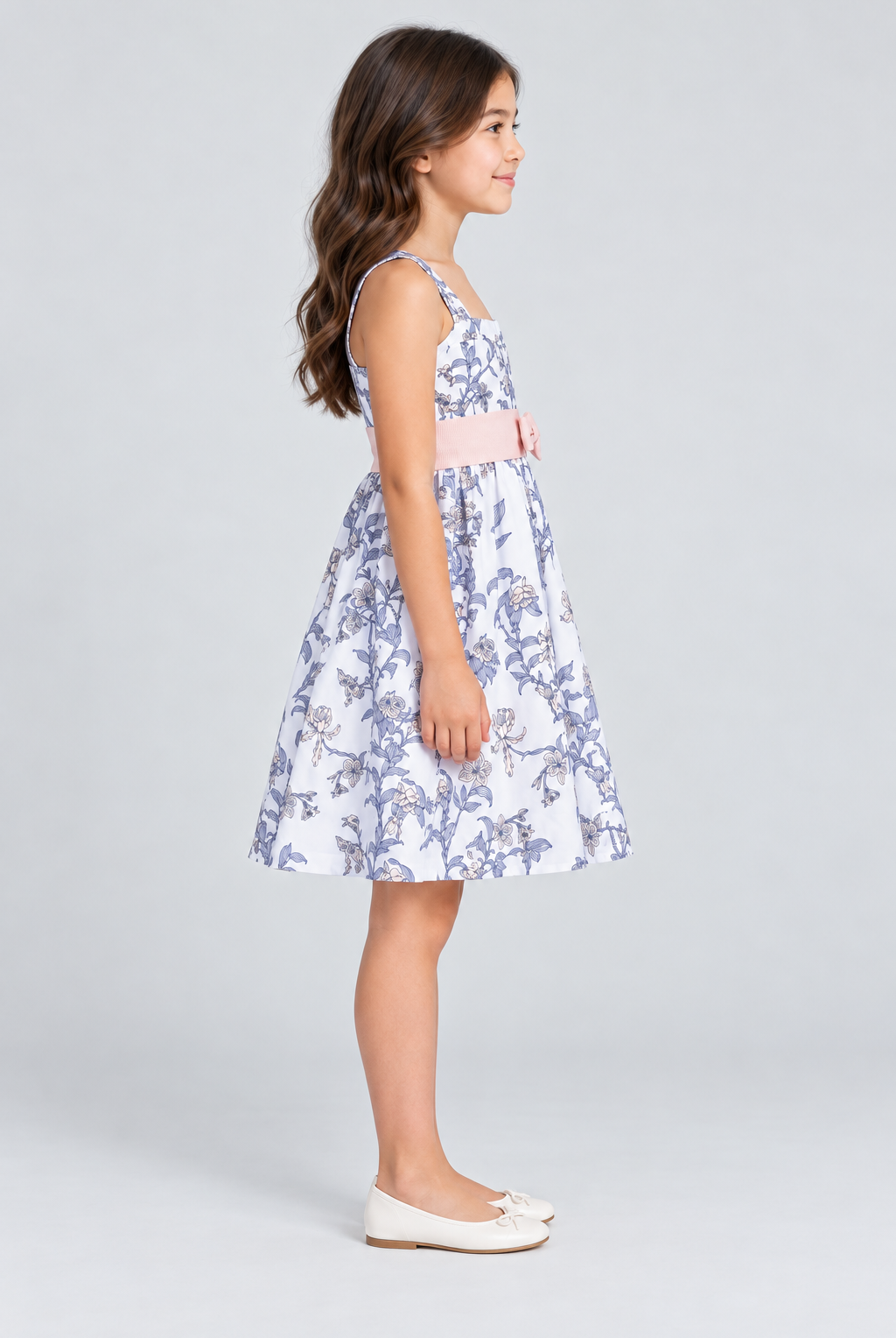 Gingersnaps floral girls dress, side view on Lina