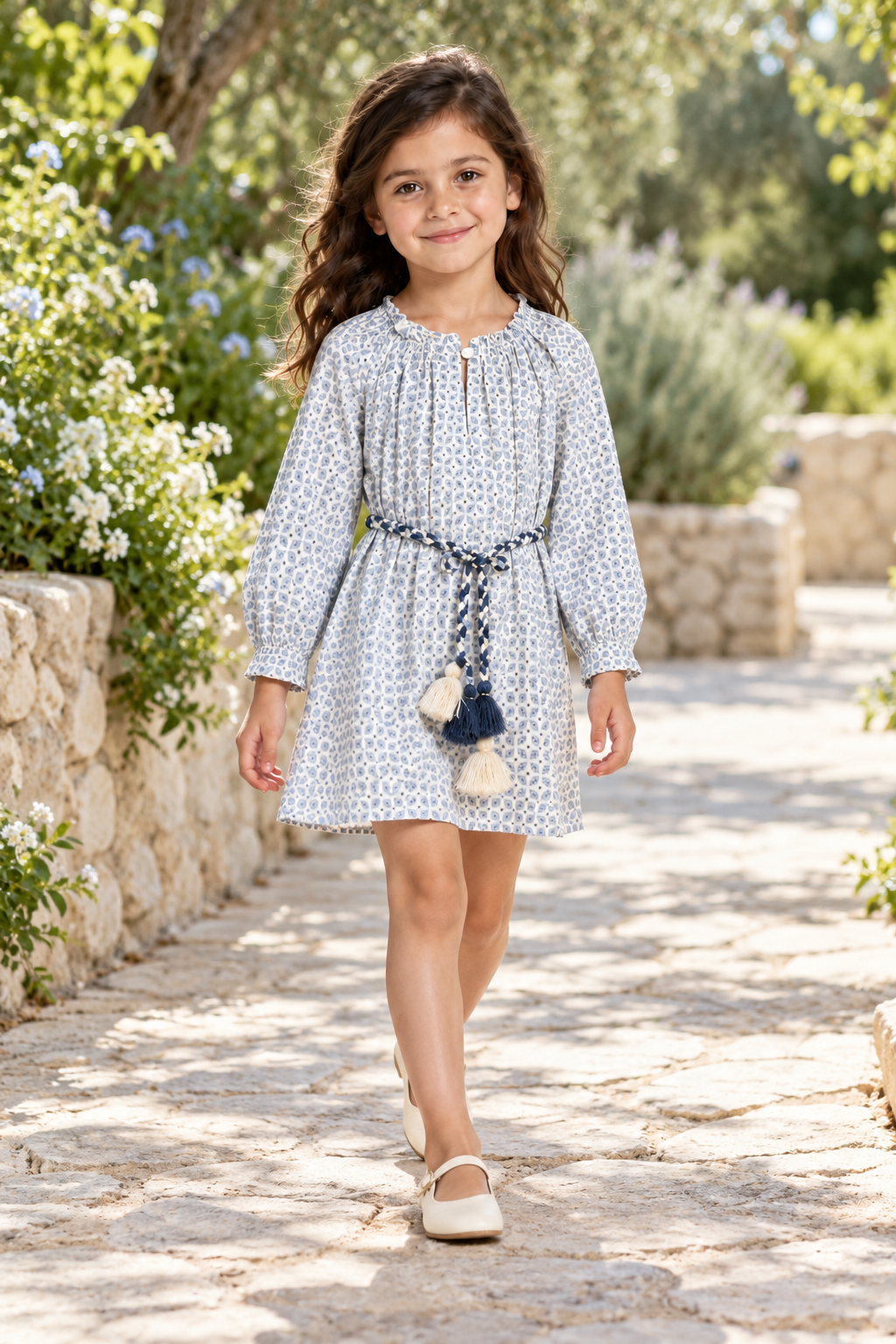فستان بناتي منقوش طويل كم طويل, grey, lifestyle model view