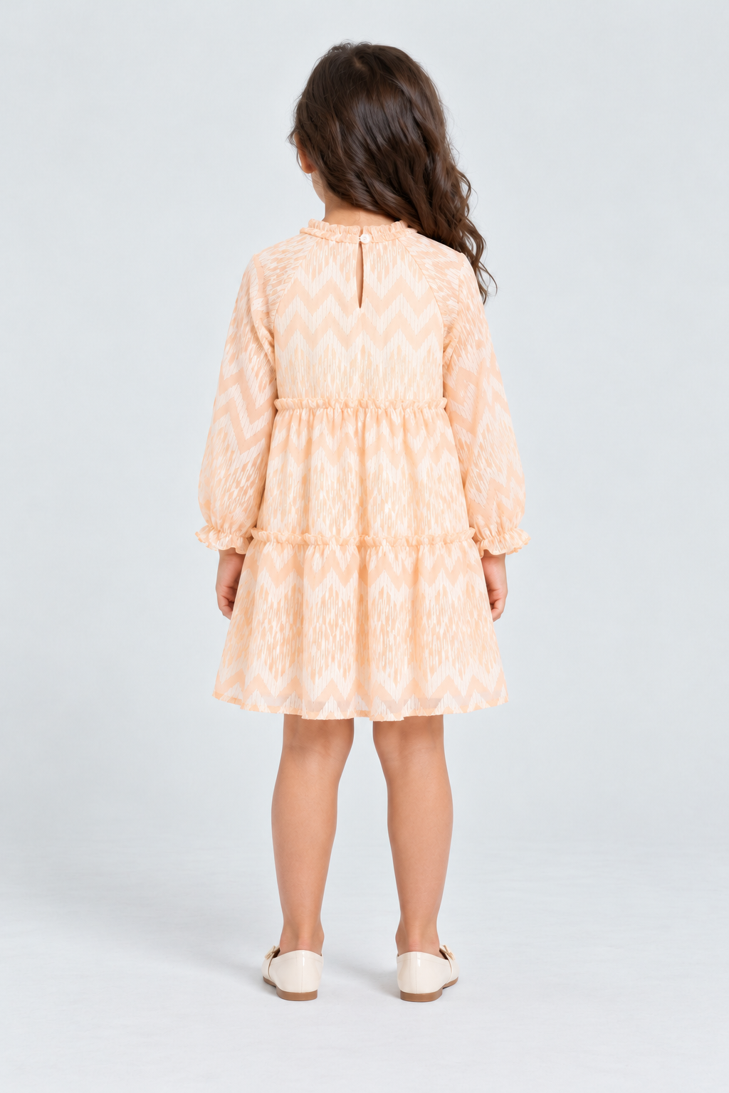 فستان شيفون واسع منقوش كم طويل بناتي, peach, back model view