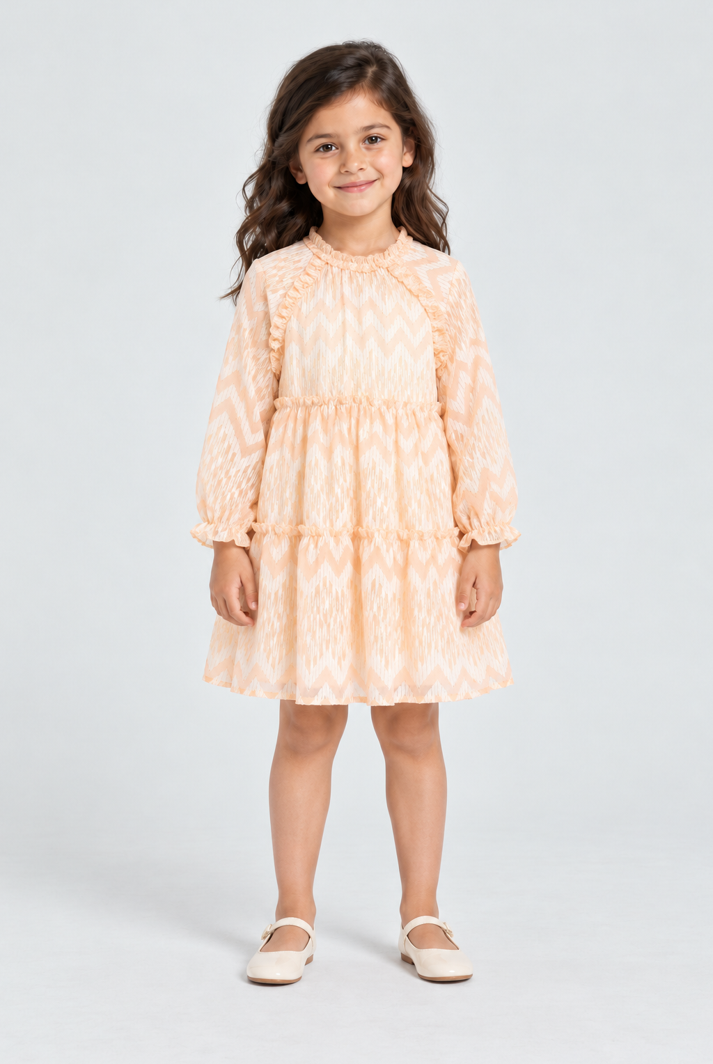 فستان شيفون واسع منقوش كم طويل بناتي, peach, front model view