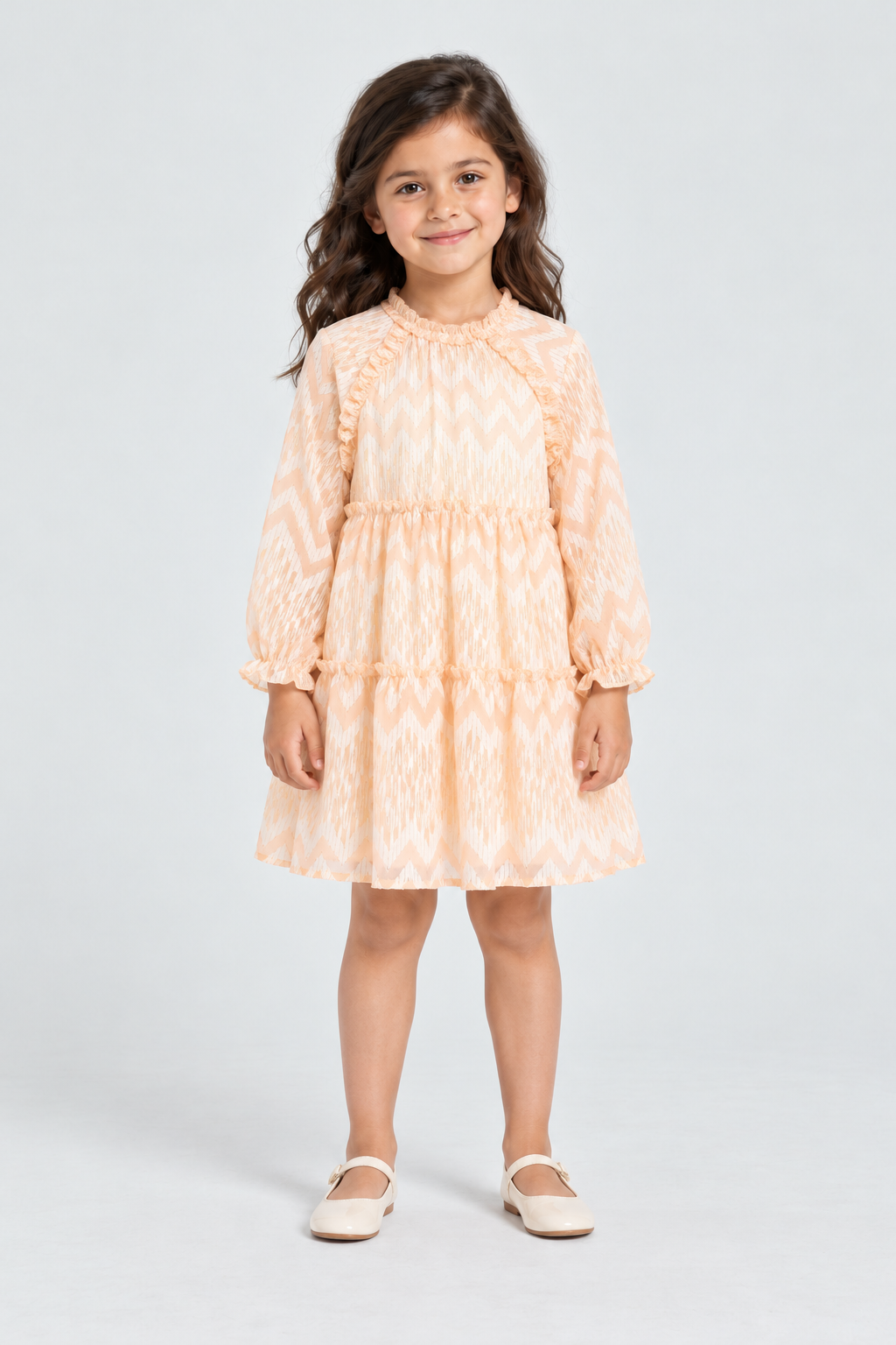 فستان شيفون واسع منقوش كم طويل بناتي, peach, front model view