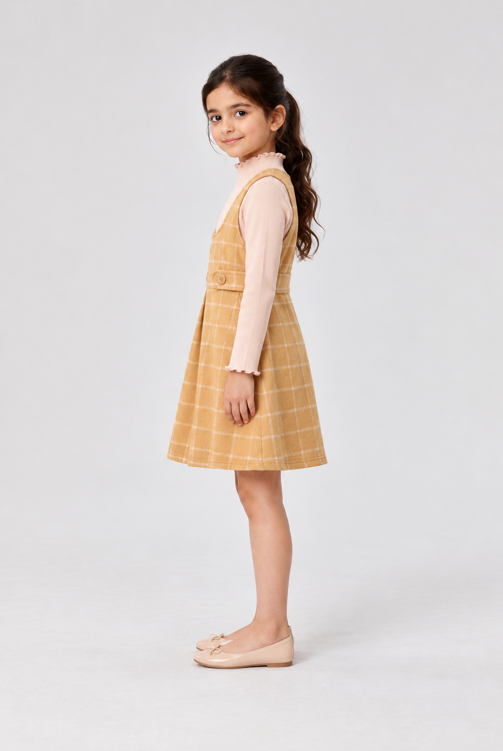 GKDRSET00192 mustard plaid layered pinafore left model view
