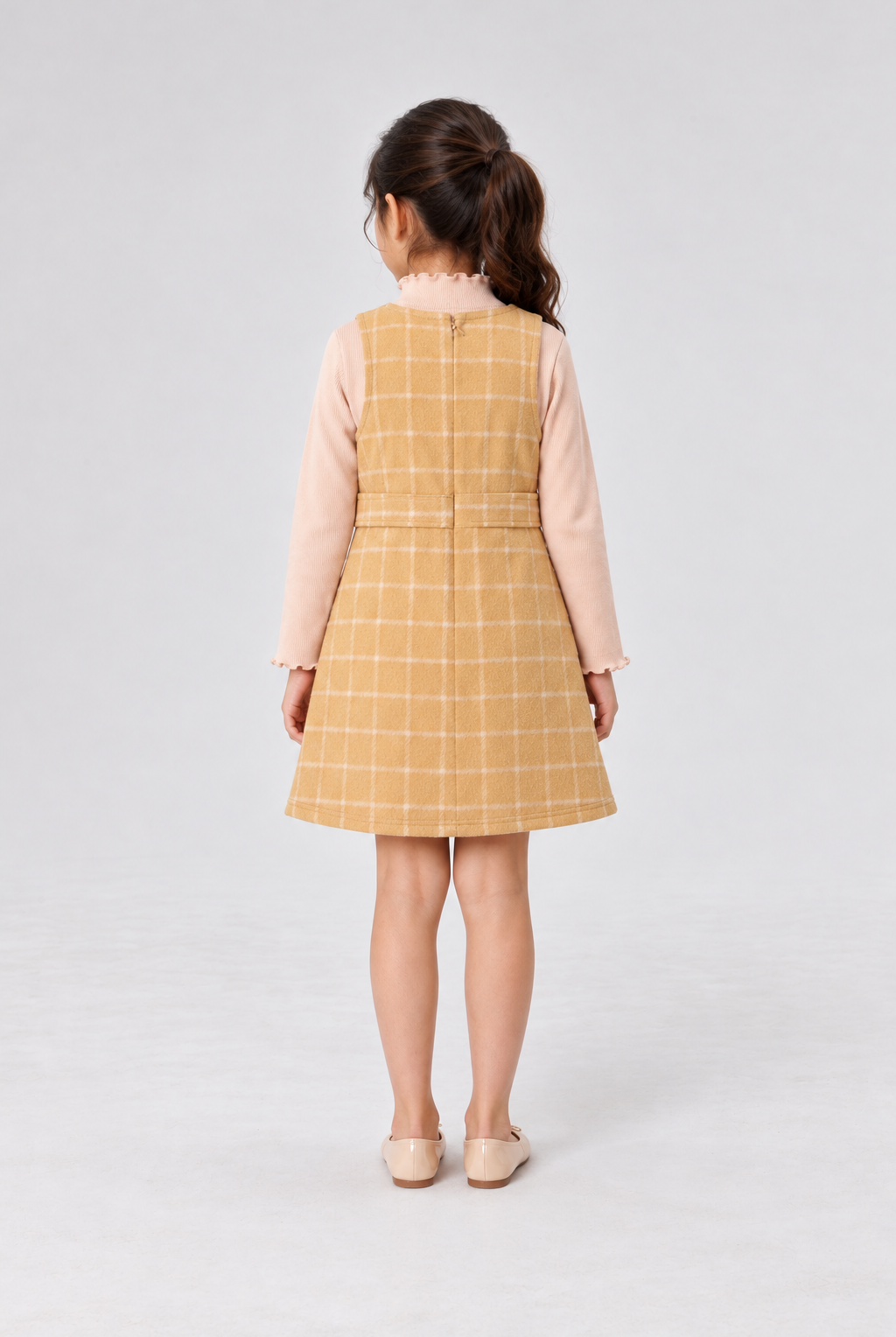 GKDRSET00192 mustard plaid layered pinafore back model view