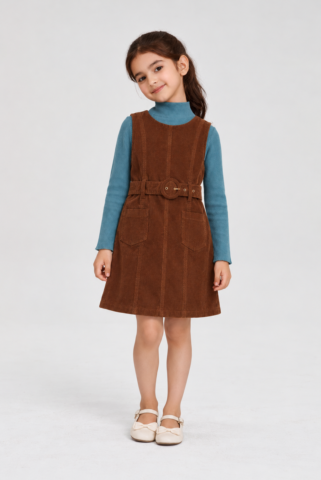 GKDRSET00203 brown corduroy layered pinafore front model view