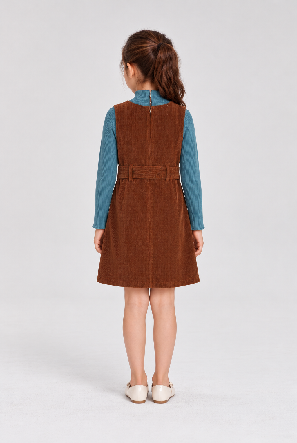 GKDRSET00203 brown corduroy layered pinafore back model view