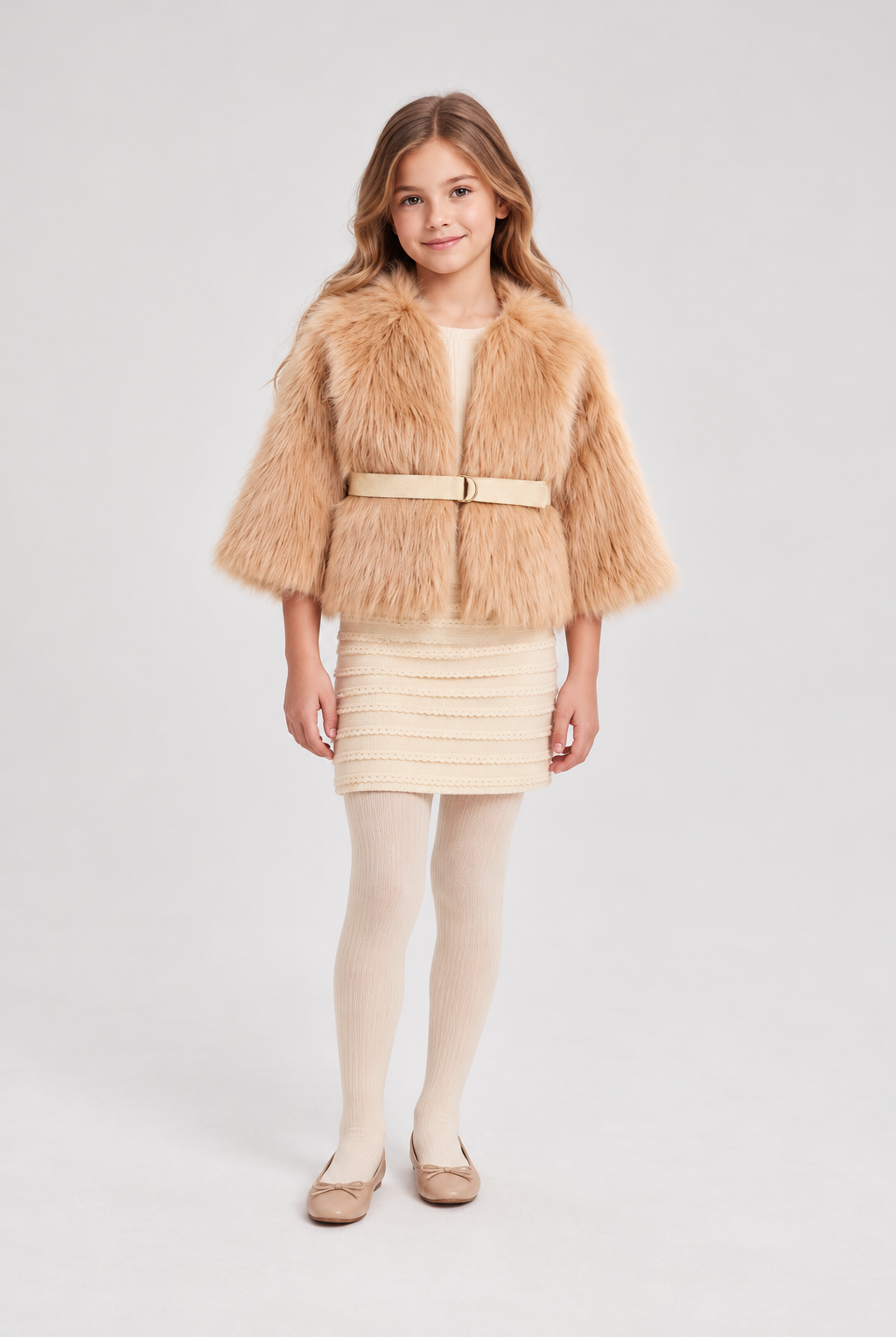 Front girl model view of Gingersnaps camel faux-fur jacket