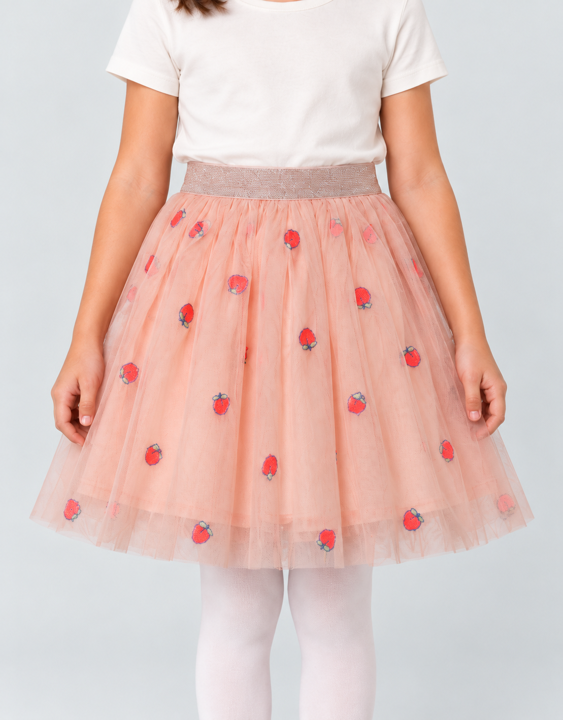 Girls peach strawberry tulle skirt, garment detail front
