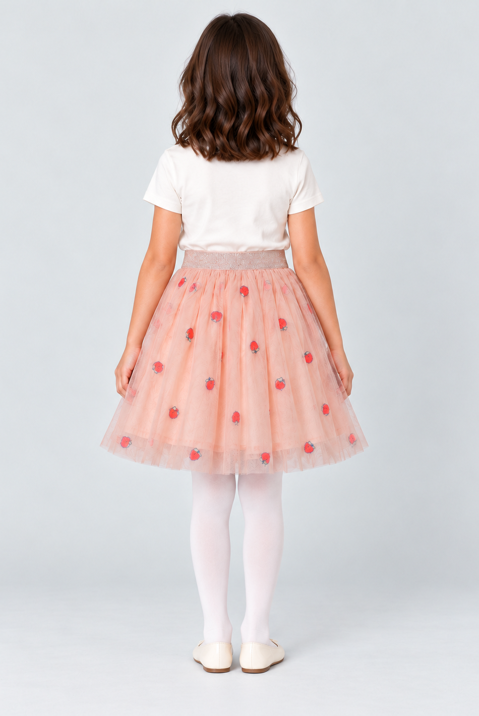 Girls peach strawberry tulle skirt, back view