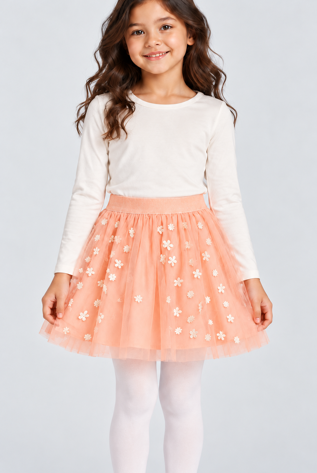 Girls’ blush-pink embroidered tulle skirt, complete front detail on Lina