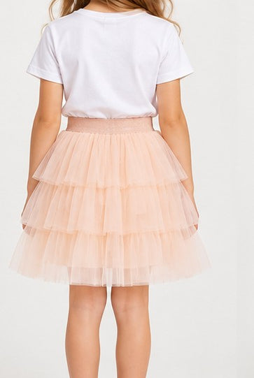 Back view of Gingersnaps girls peach tiered tulle skirt