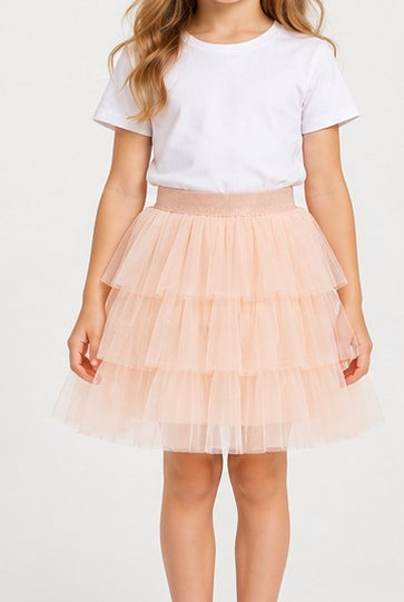 Front view of Gingersnaps girls peach tiered tulle skirt