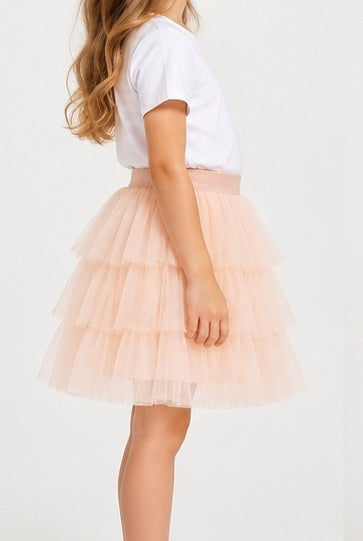 Right side view of Gingersnaps girls peach tiered tulle skirt
