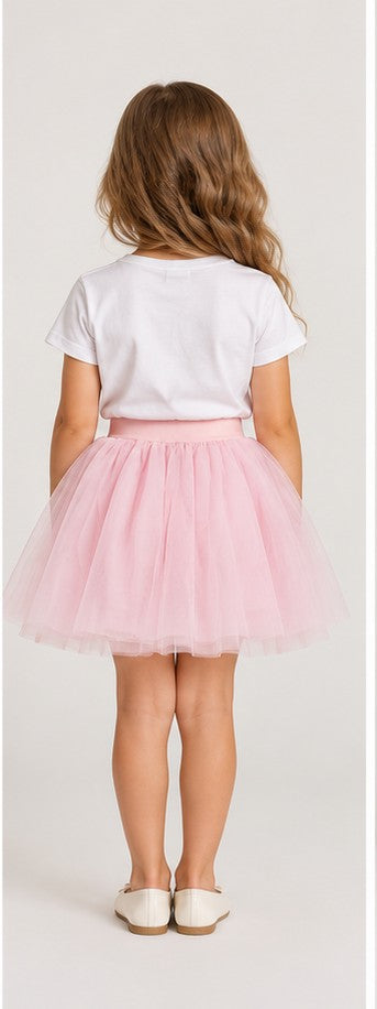 Girls model back view wearing Gingersnaps pale pink tulle skirt with embroidered motifs
