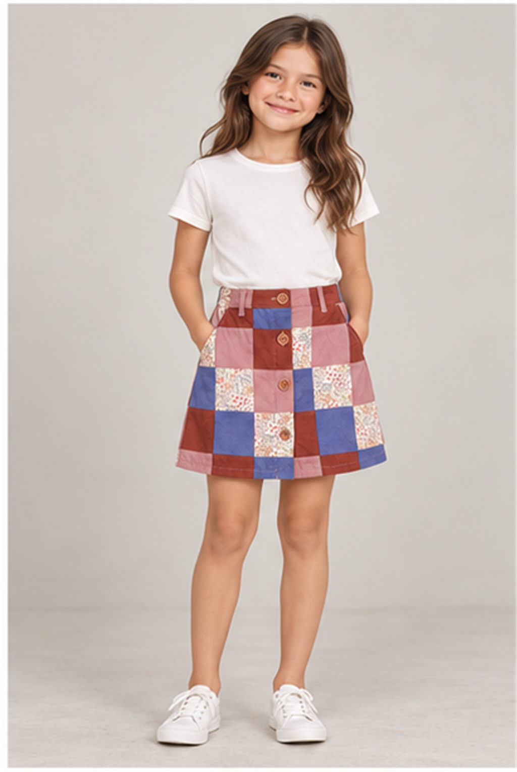 Girls' patchwork plaid skirt on child model, front view