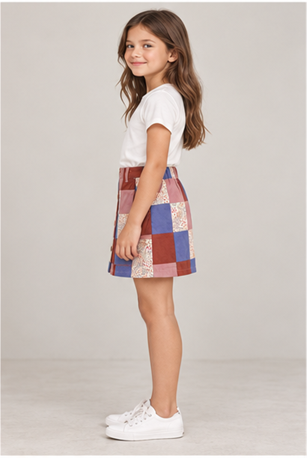 Girls' patchwork plaid skirt on child model, left side view