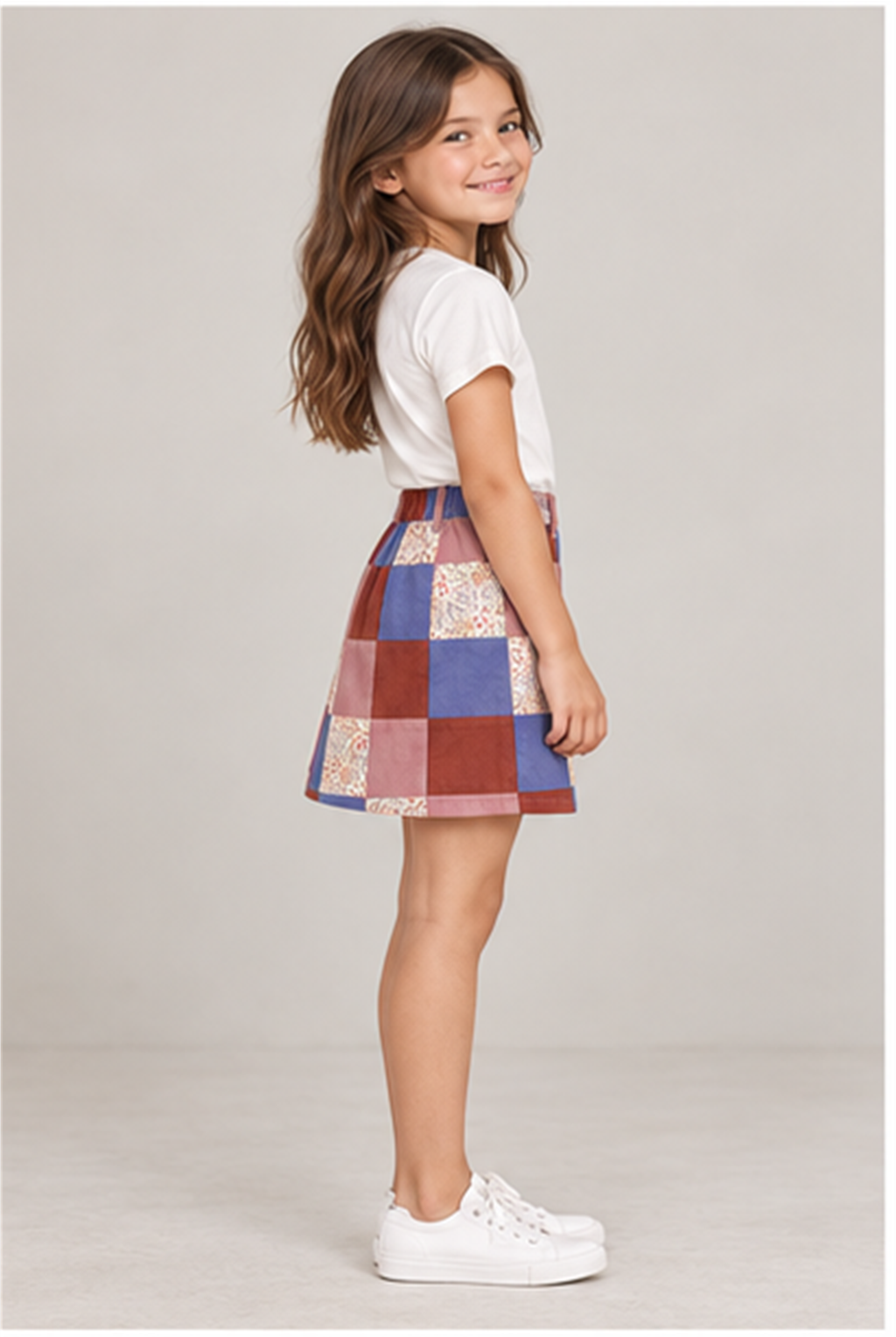 Girls' patchwork plaid skirt on child model, right side view