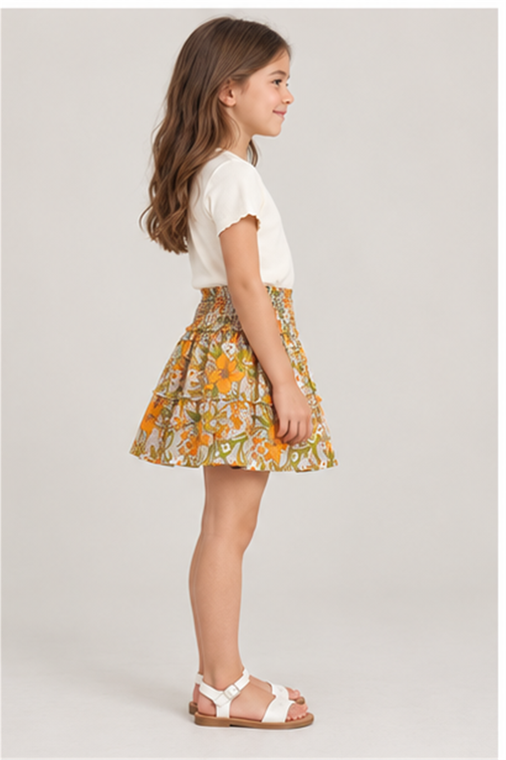 Girls' floral skirt on child model, right side view