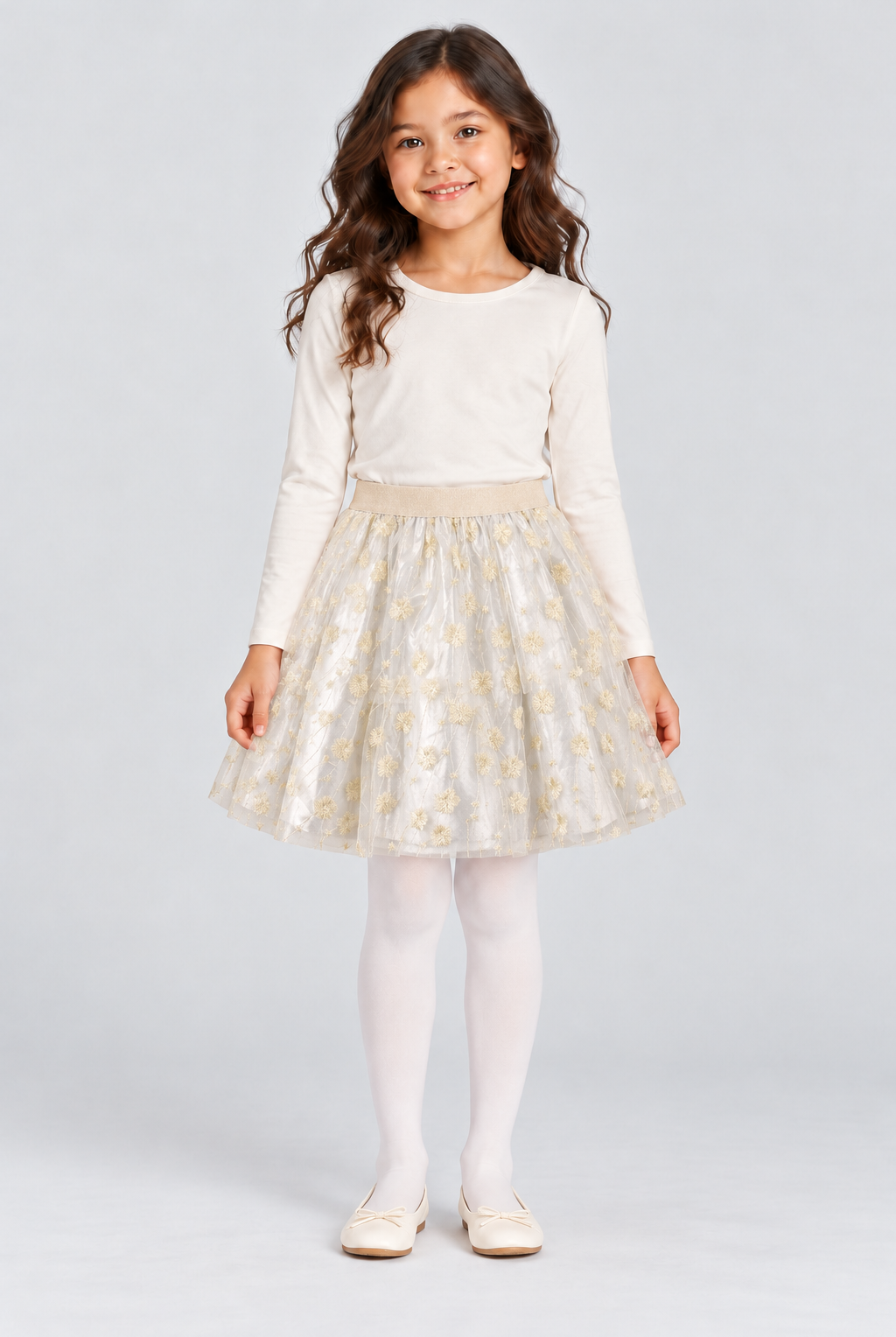 Girls’ ivory-gold embroidered tulle skirt, full front on Lina