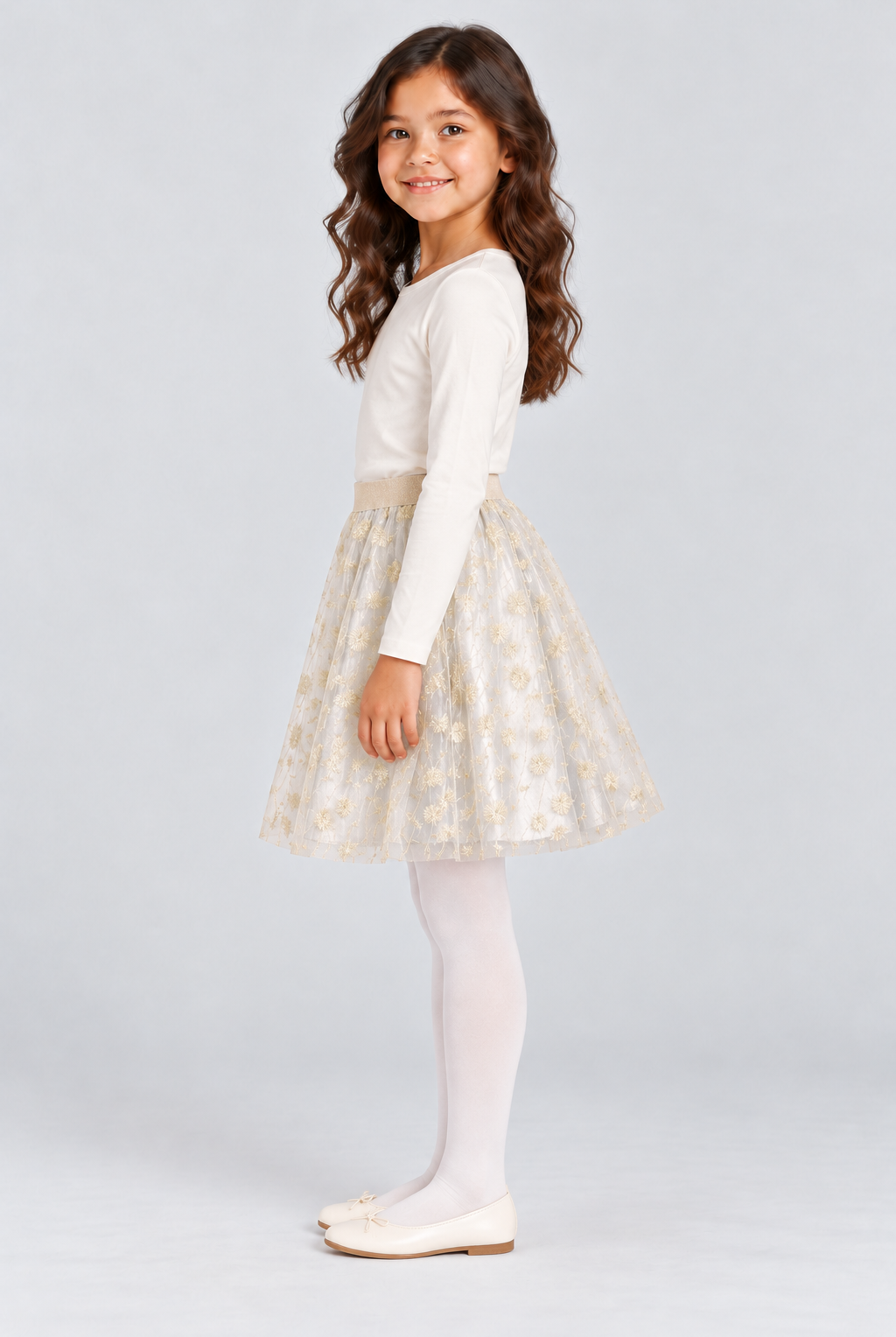 Girls’ ivory-gold embroidered tulle skirt, side view on Lina