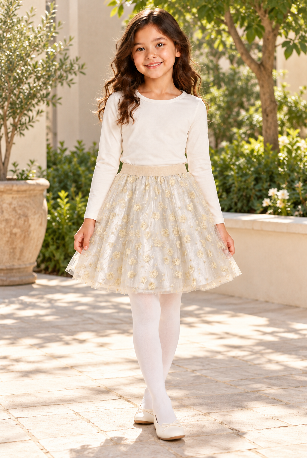 Girls’ ivory-gold embroidered tulle skirt, garden lifestyle on Lina