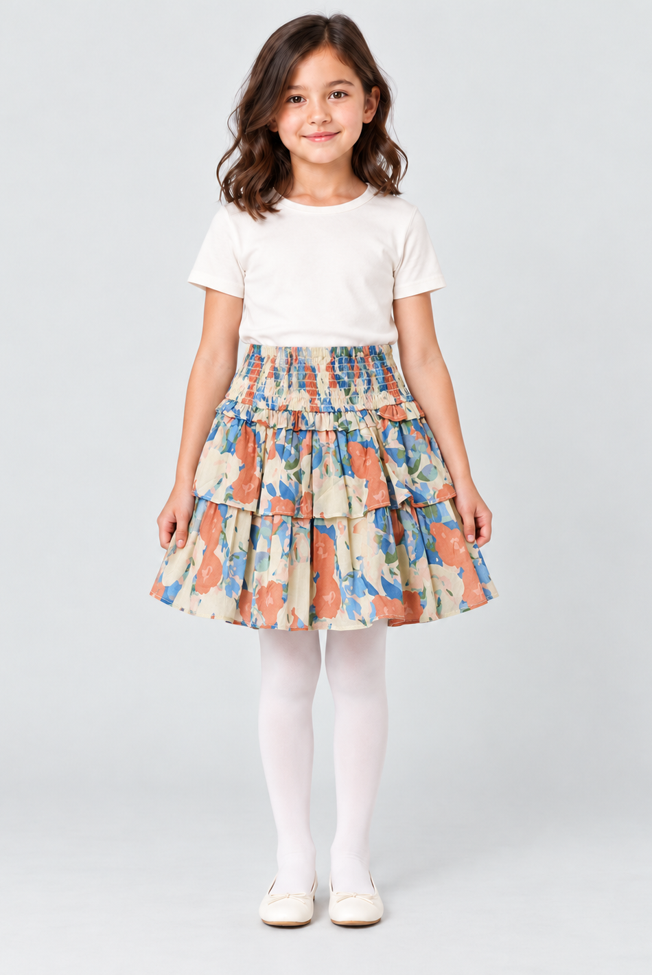 Girls multicolor floral tiered skirt, full front