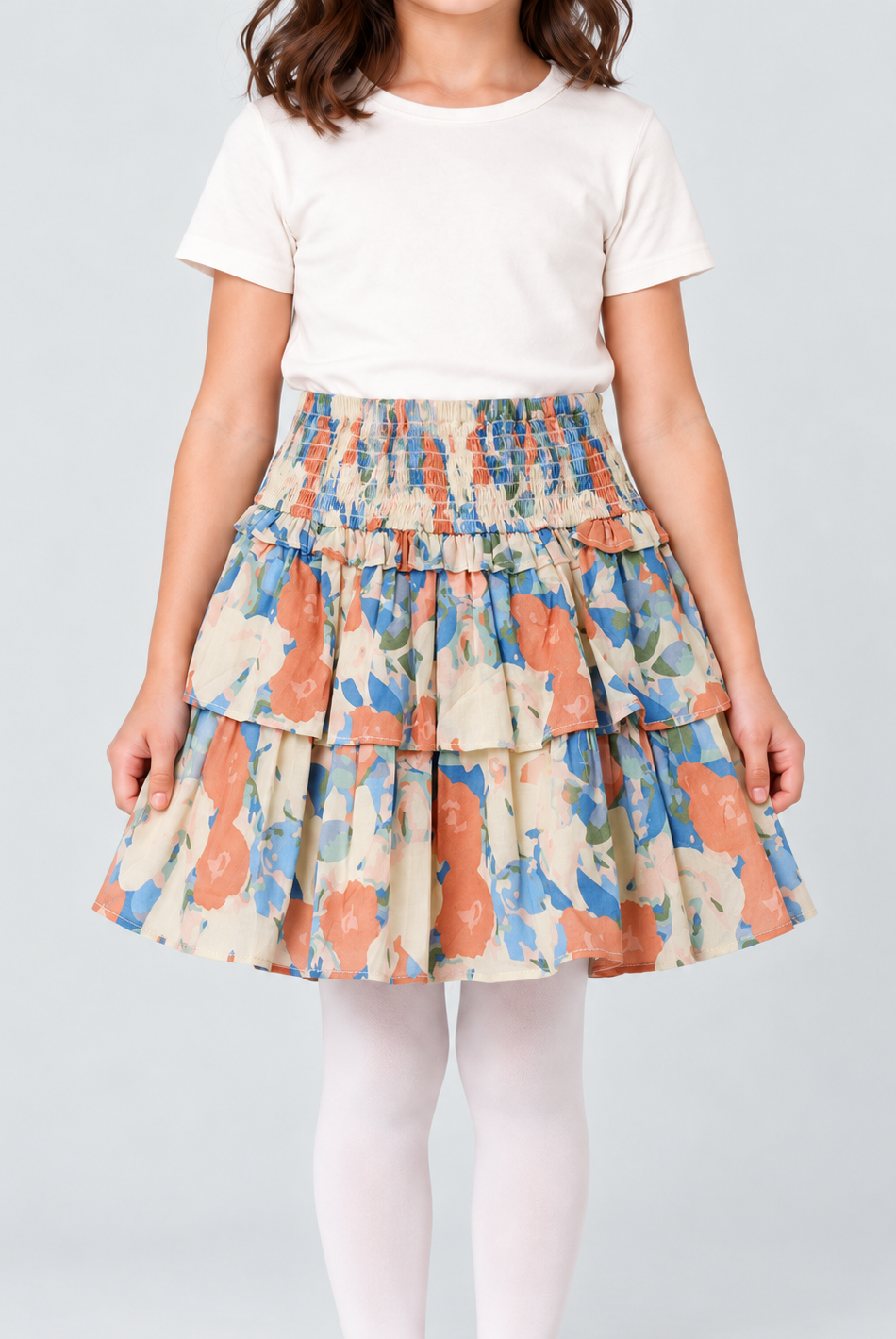 Girls multicolor floral tiered skirt, garment detail front