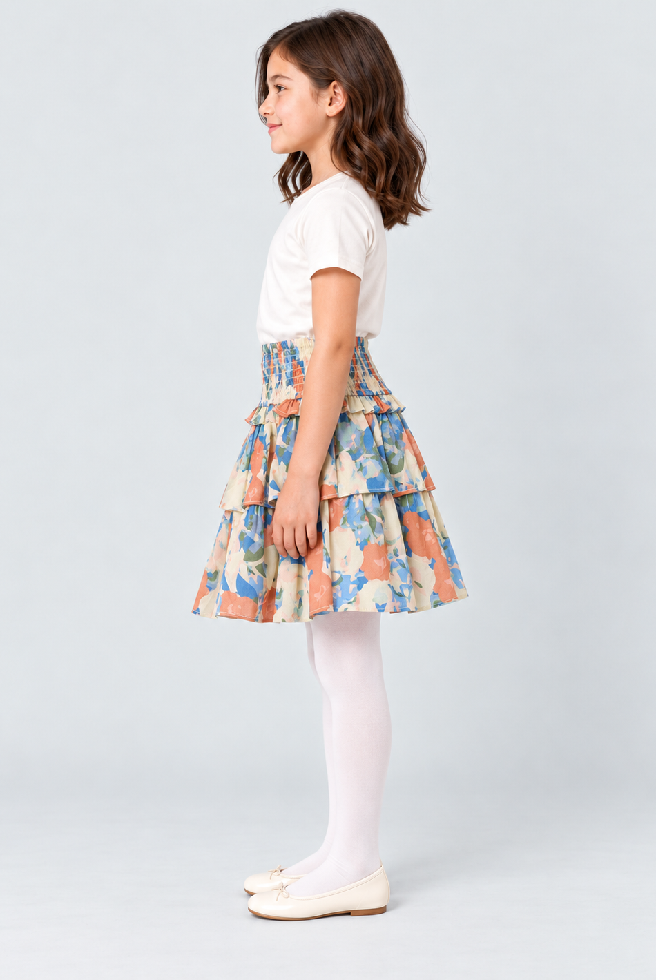 Girls multicolor floral tiered skirt, side view