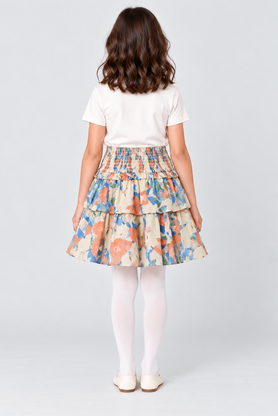 Girls multicolor floral tiered skirt, back view