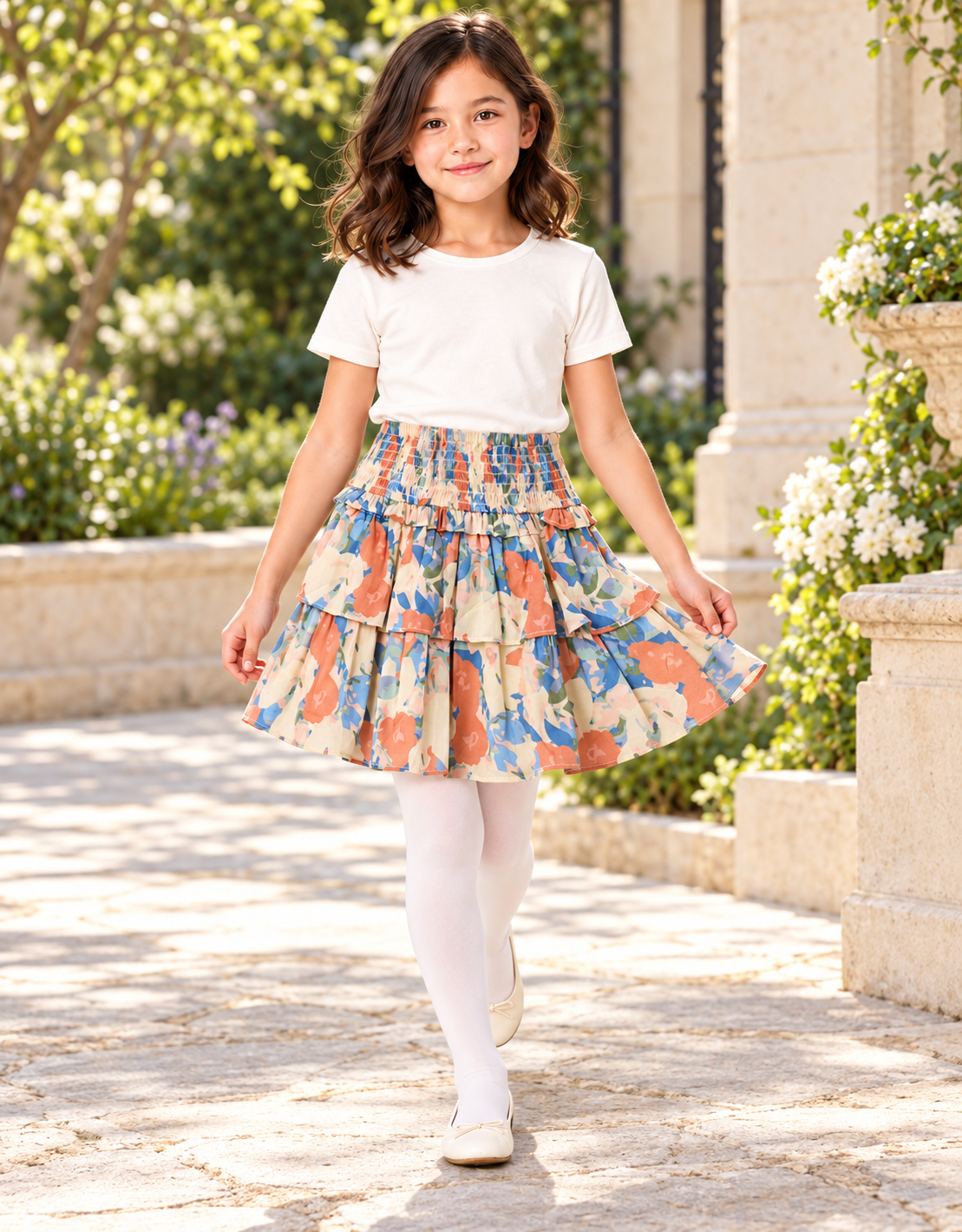 Girls multicolor floral tiered skirt, lifestyle