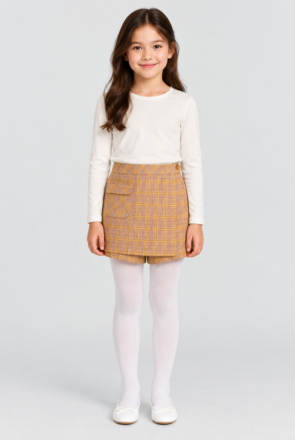 Girls plaid skort on child model, full front