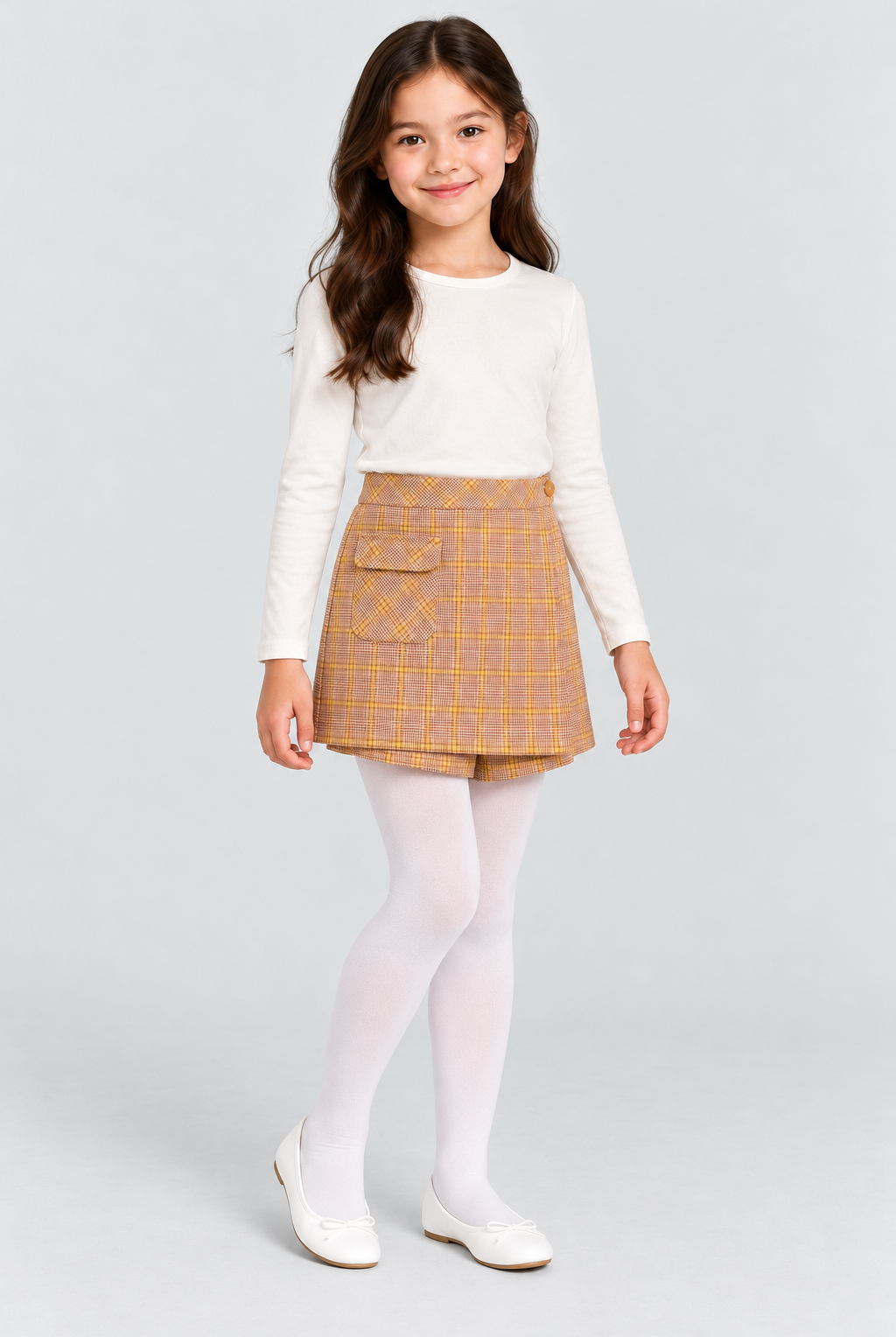 Girls plaid skort on child model, front detail