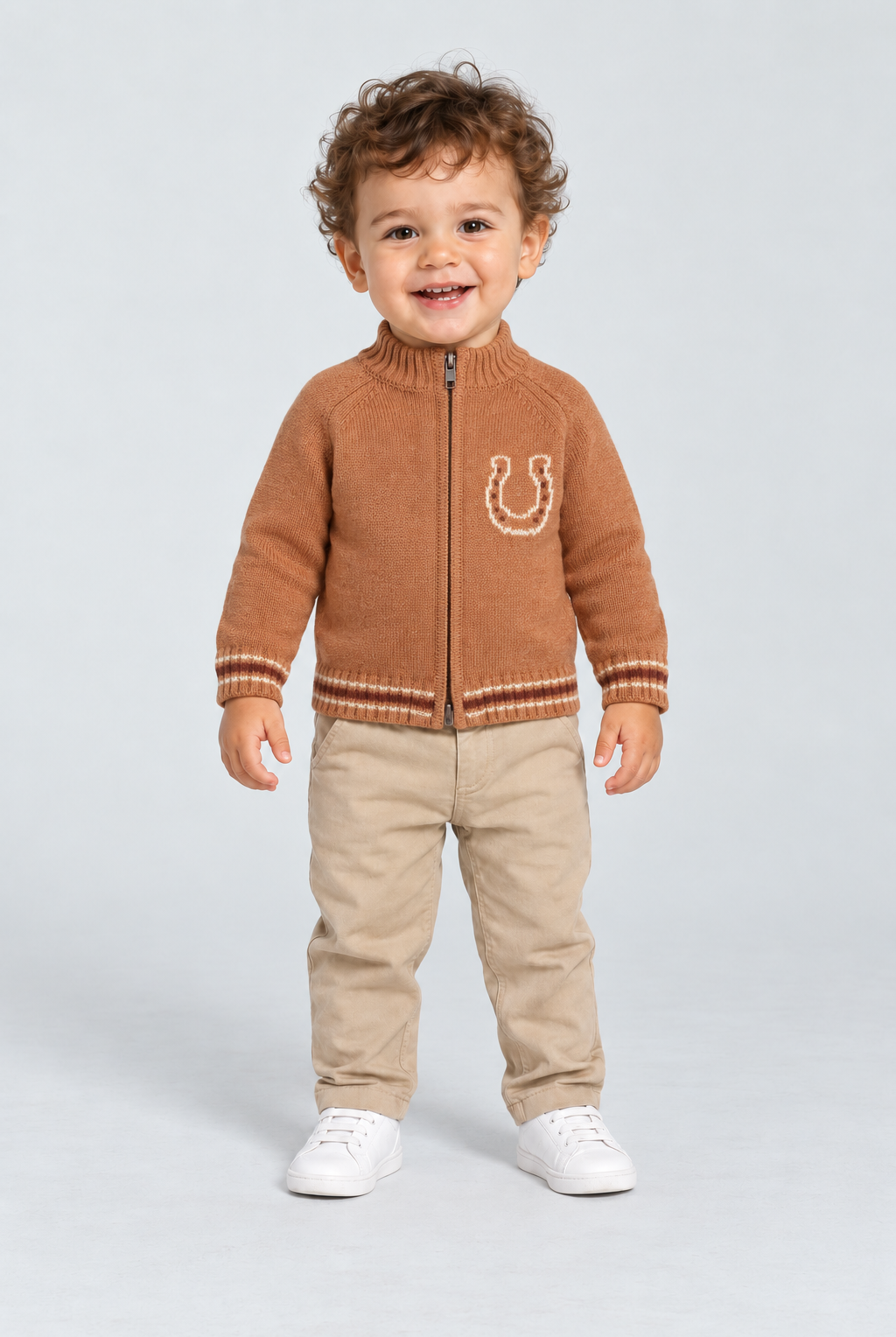 جاكيت منسوج ولادي سادة بسحاب, brown, front model view