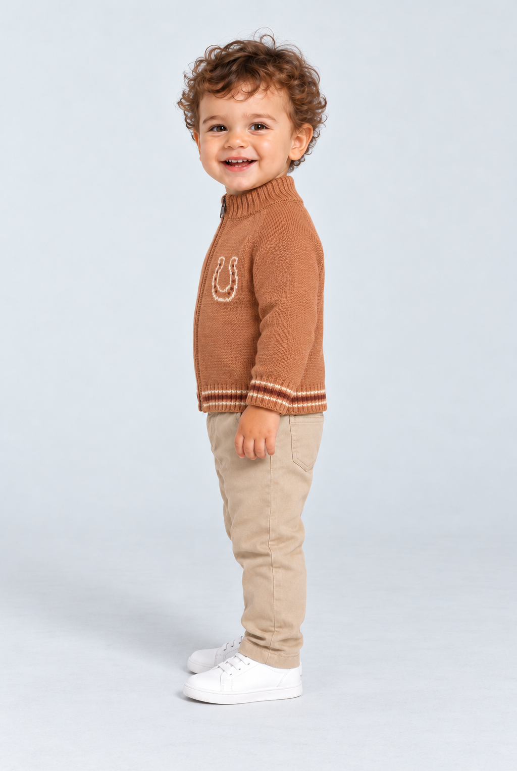 جاكيت منسوج ولادي سادة بسحاب, brown, side model view
