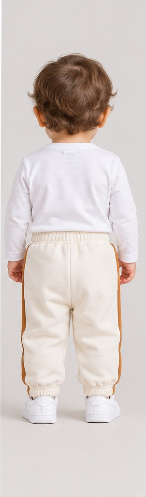 Back view of boys' ivory baby sweatpants with caramel side stripes on an infant boy