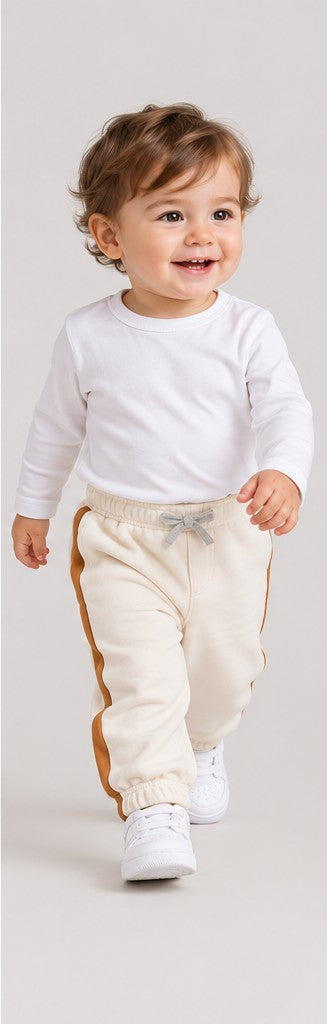 Lifestyle view of boys' ivory baby sweatpants with caramel side stripes on an infant boy