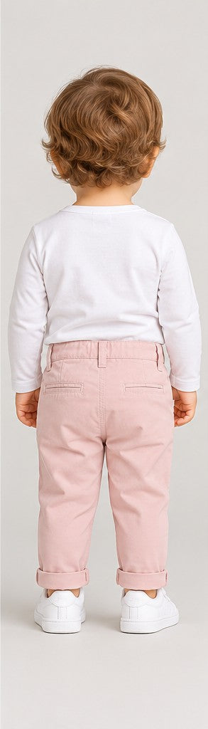 Back view of boys' pale pink infant chinos with folded cuffs on an infant boy