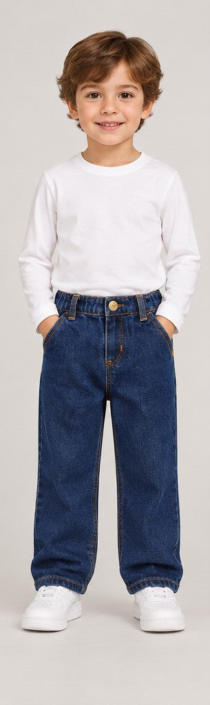 Front view of boys' dark indigo denim jeans on a young boy