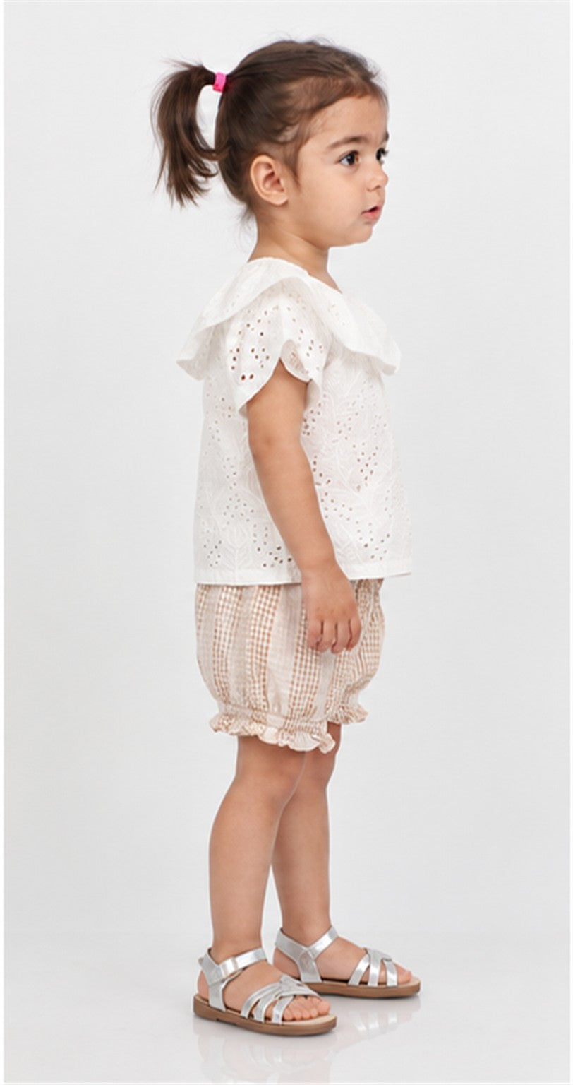 Gingersnaps girls white eyelet ruffle blouse and gingham shorts - left view