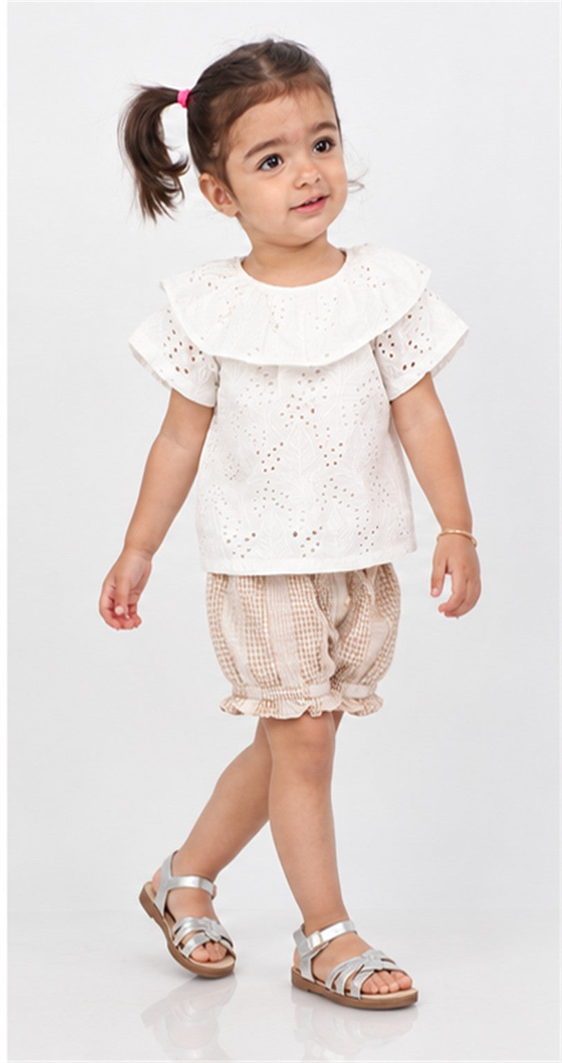 Gingersnaps girls white eyelet ruffle blouse and gingham shorts - lifestyle view