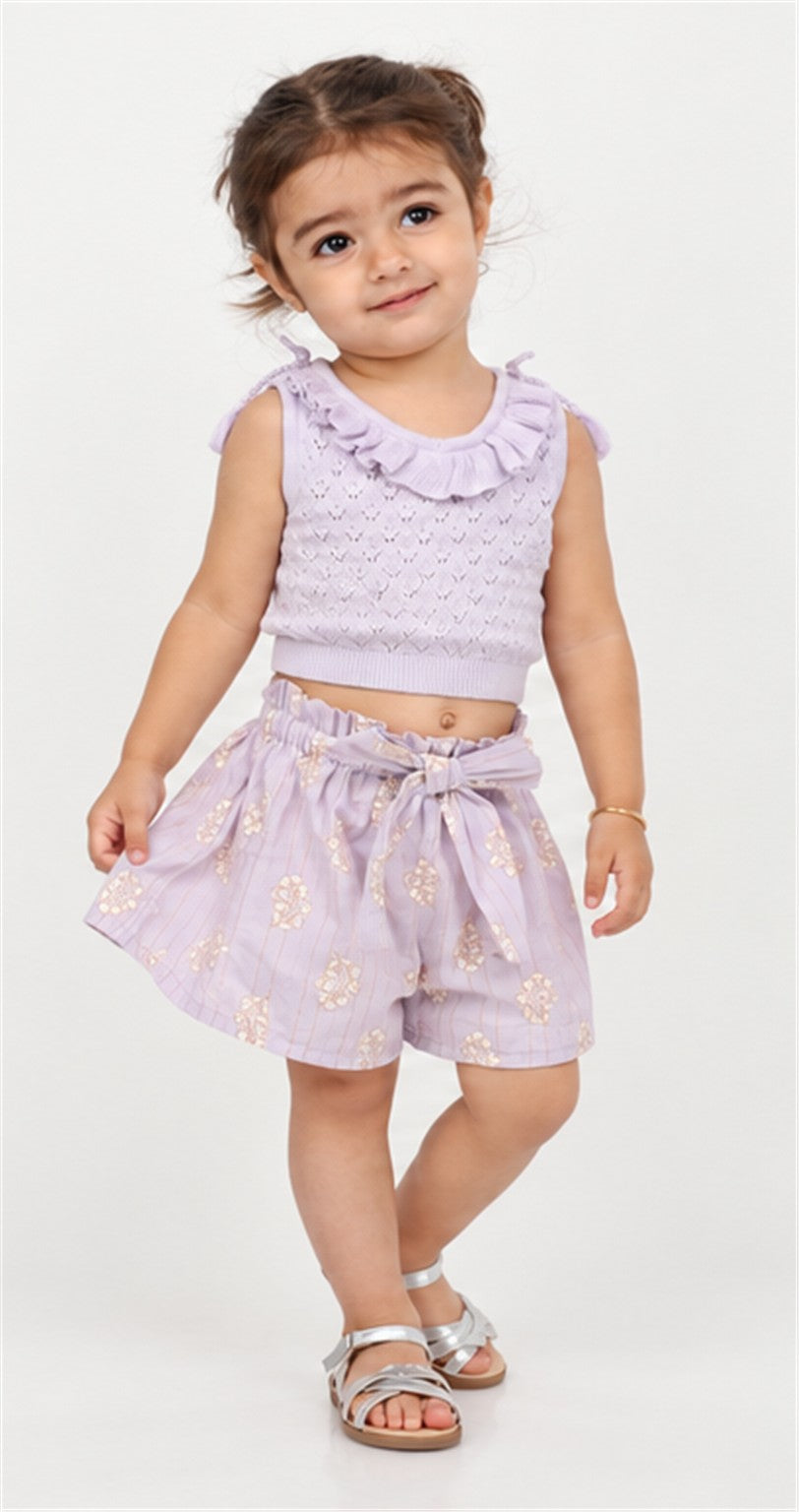 Gingersnaps girls lilac ruffle knit top and shorts - lifestyle view
