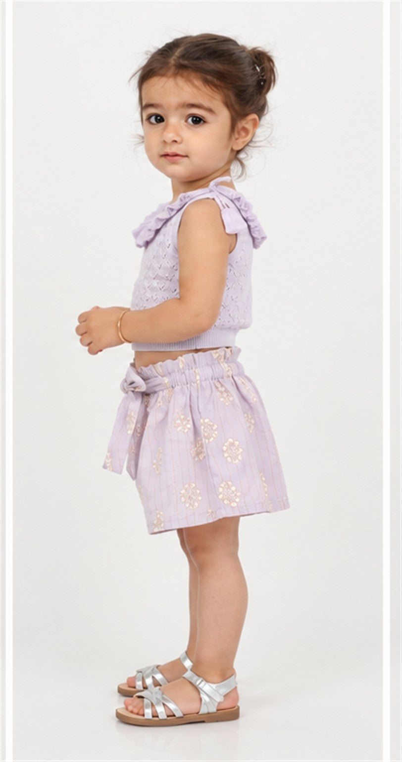 Gingersnaps girls lilac ruffle knit top and shorts - right view