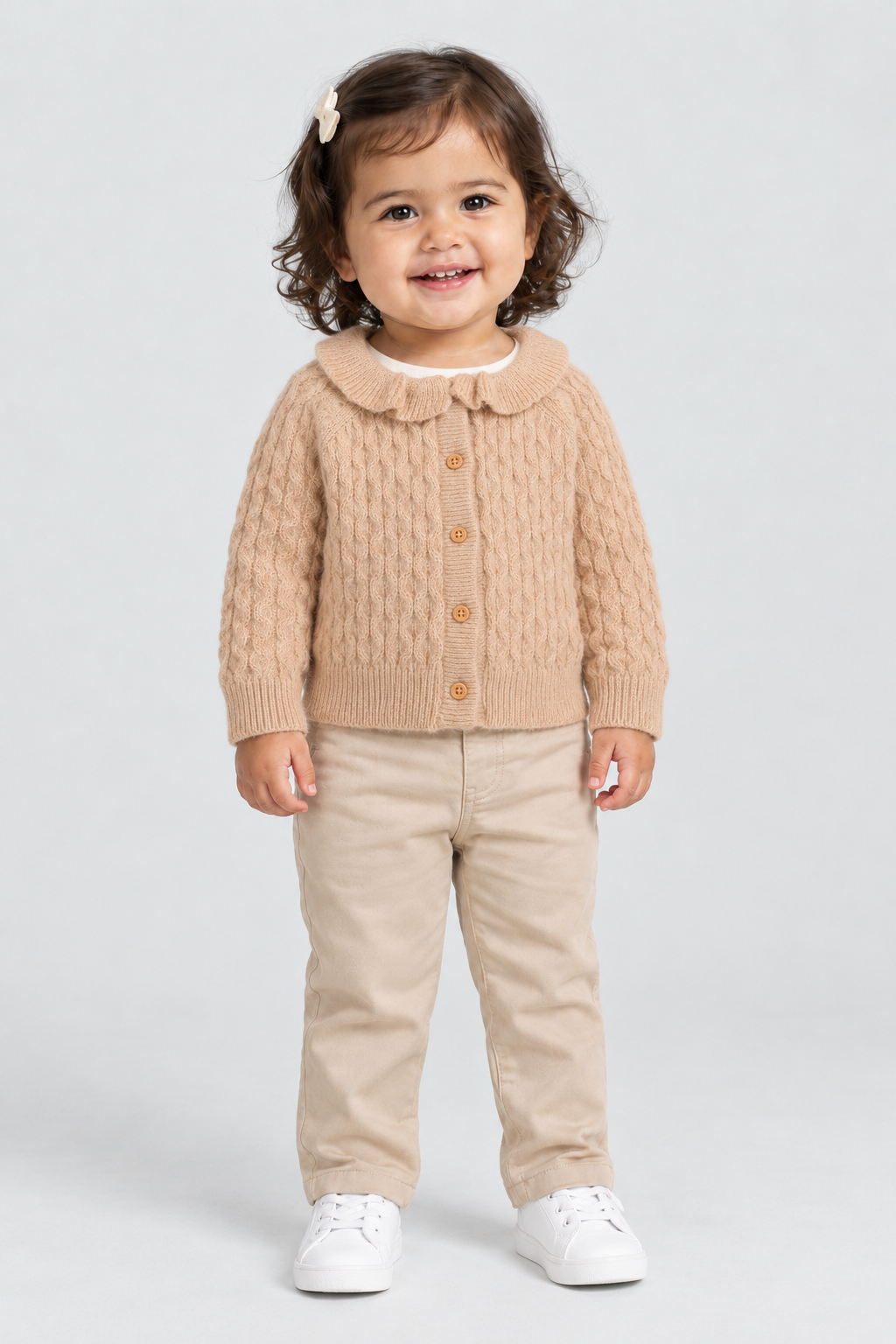 كارديجان بناتي رضع كم طويل بازرار في النصف, beige, front model view