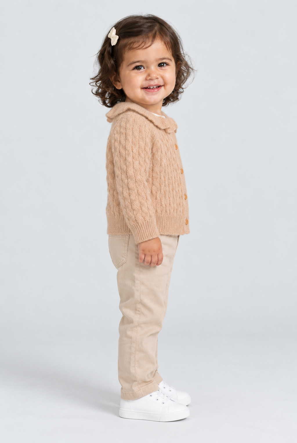 كارديجان بناتي رضع كم طويل بازرار في النصف, beige, side model view