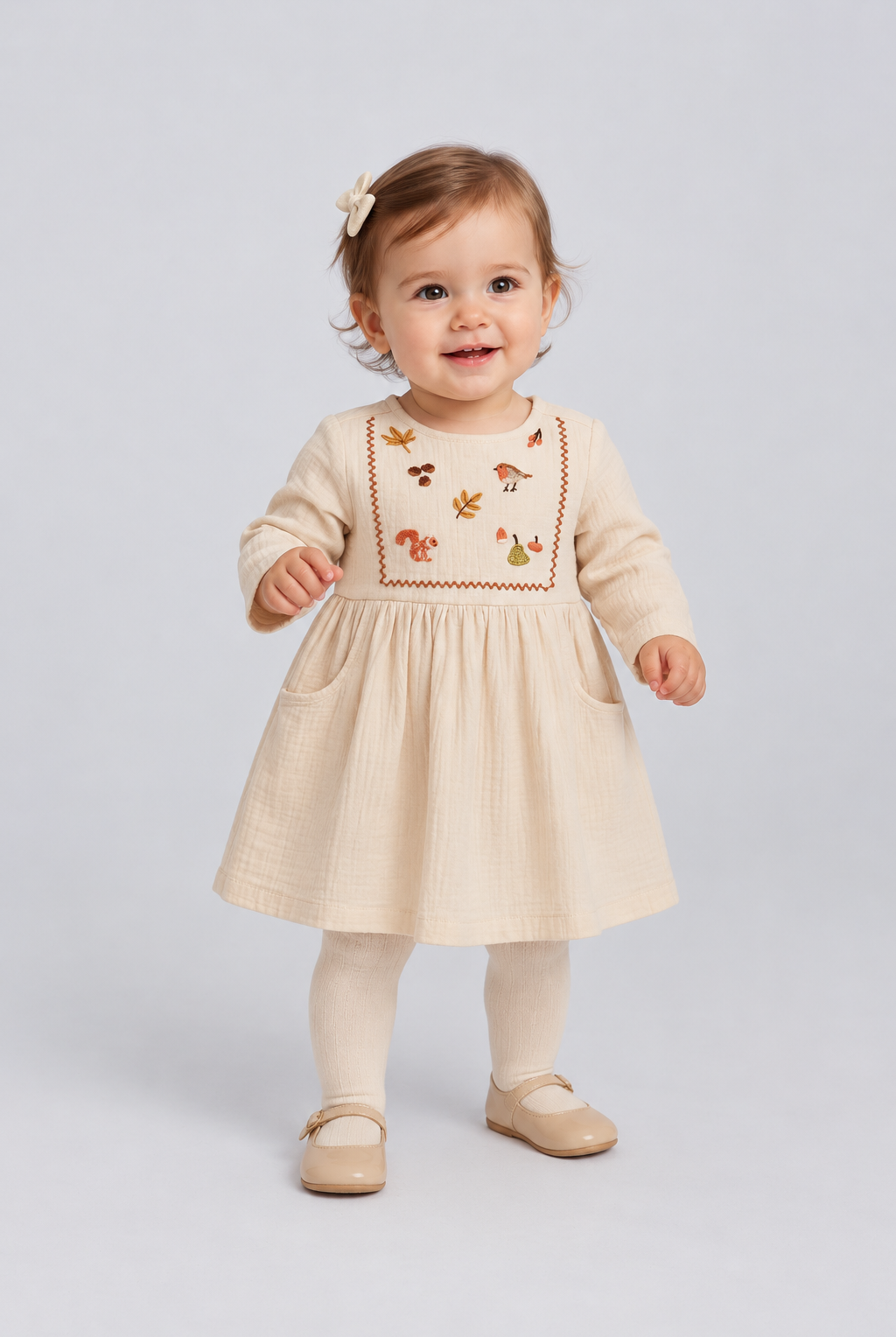 IGDR0904 ivory embroidered infant dress, front model view