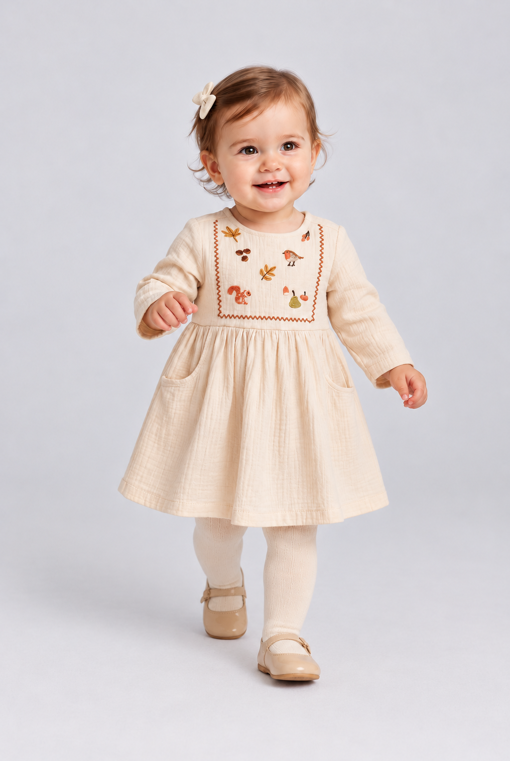 IGDR0904 ivory embroidered infant dress, lifestyle view