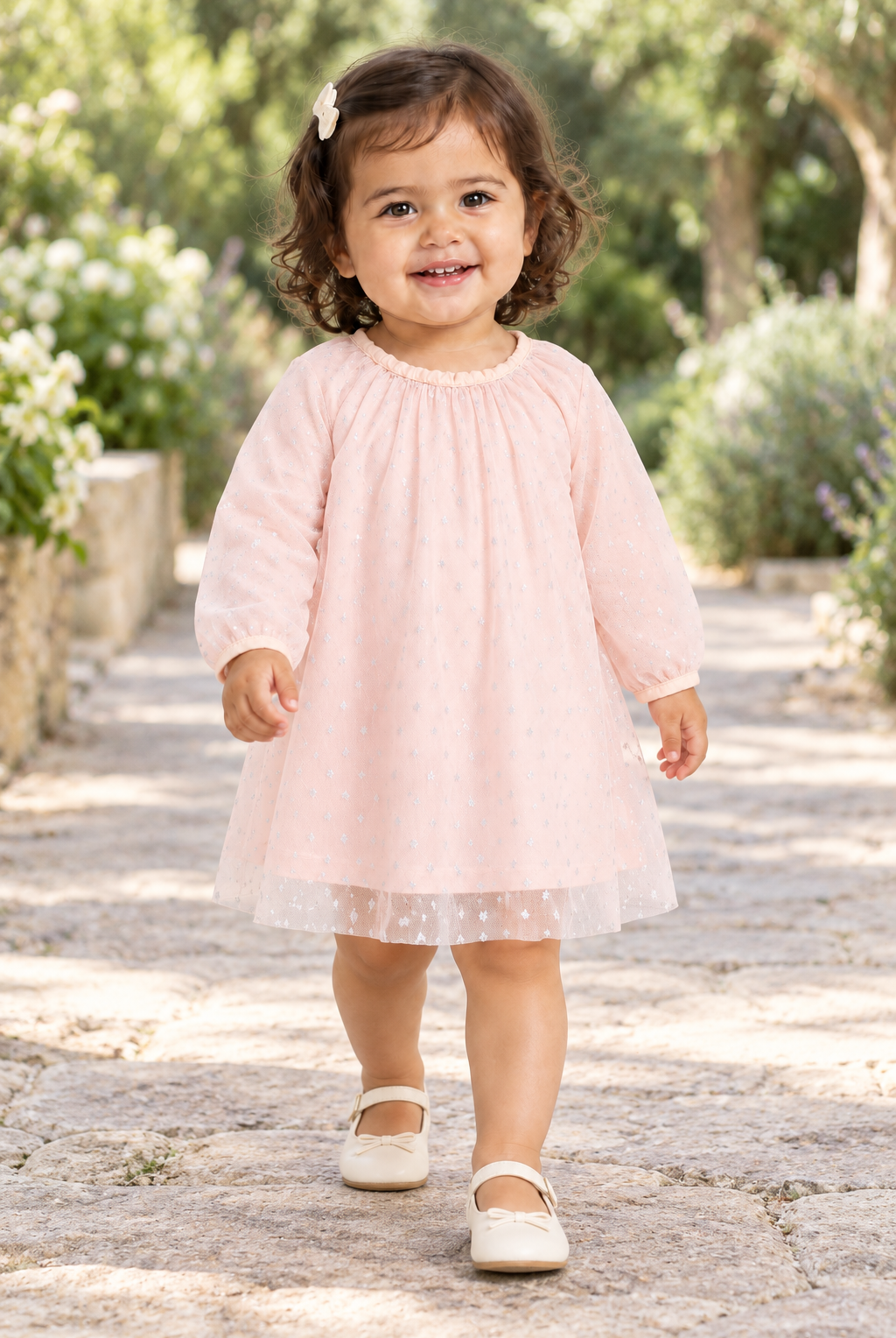فستان اطفال رضع منقوش بياقة دائرية, light-pink, lifestyle model view