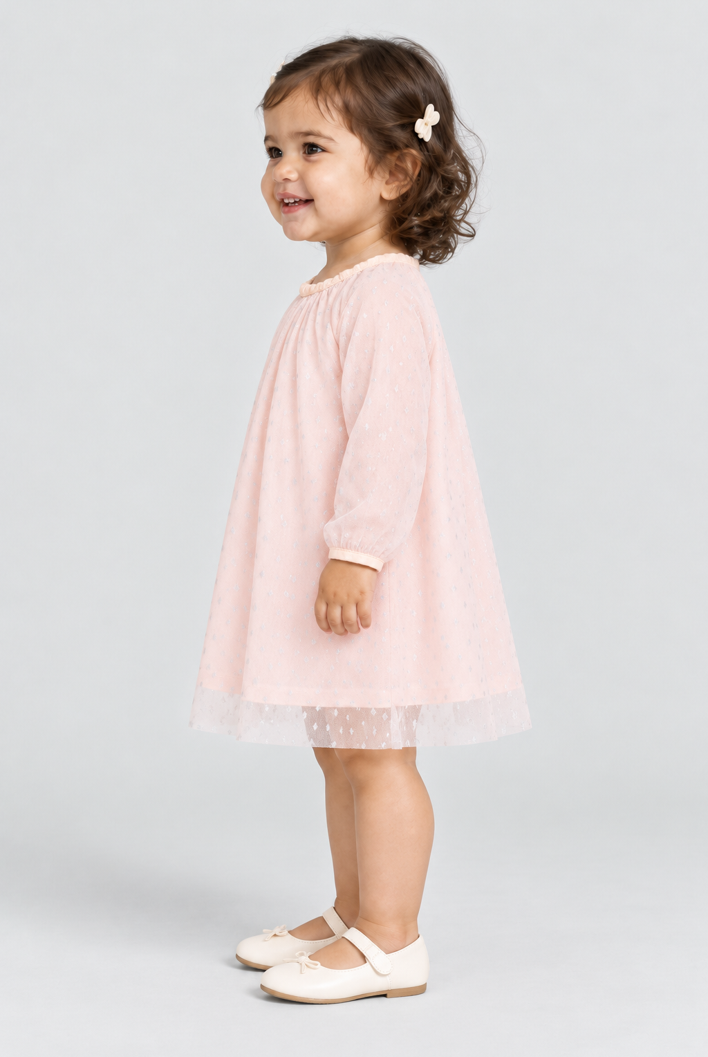 فستان اطفال رضع منقوش بياقة دائرية, light-pink, side model view